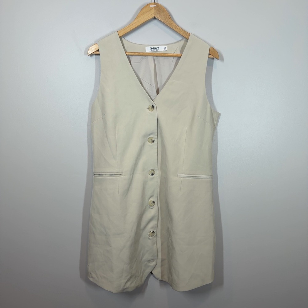 4th + Reckless Beige Sleeveless Blazer Vest Dress‎ US 10 UK 14 Button Old Money